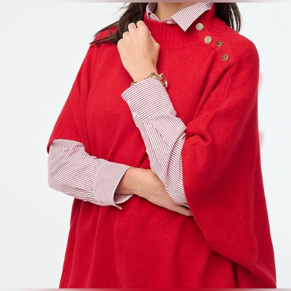 Women’s J. Crew Red Mock neck Poncho Sweater With Buttons One Size